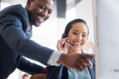 Buy stock photo Man, woman and sales mentor helping intern on desktop for technical support, guidance and training. Manager, call center or telemarketing at computer for teaching, customer service and CRM in office