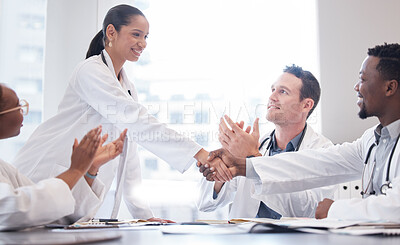 Buy stock photo Success, doctor and handshake for hiring, healthcare or applause for recruitment in hospital meeting. Smile, medical professional and shaking hands for partnership, congratulations or welcome to team