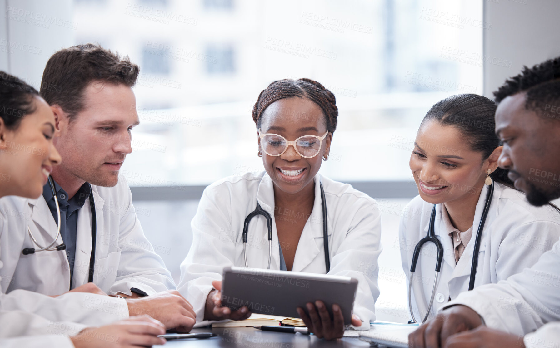 Buy stock photo Smile, doctor and team on tablet for planning research, healthcare or people in discussion in hospital meeting. Tech, happy or medical professional group for collaboration, wellness and diversity