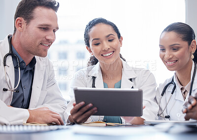 Buy stock photo Smile, doctor and group on tablet for planning research, healthcare or people in discussion in hospital. Tech, happy and medical professional team in meeting for collaboration, wellness and diversity