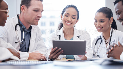 Buy stock photo Smile, doctors and team on tablet for planning research, healthcare or people in discussion in hospital. Tech, happy and medical professional group in meeting for collaboration, wellness or diversity