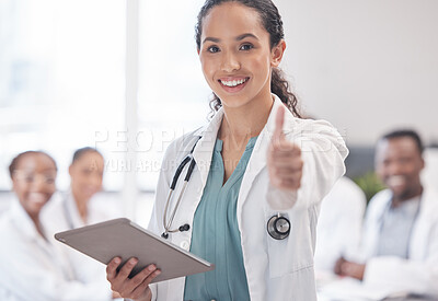 Buy stock photo Portrait, smile and doctor with thumbs up, tablet and support for online medical news, digital app and icon. Face, thank you and professional with tech, review and sign for approval of vaccine emoji