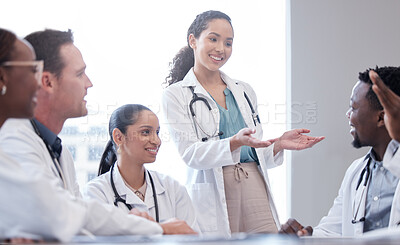 Buy stock photo Promotion, healthcare and doctors in meeting, new employee and planning with schedule in hospital. Staff, happy group or surgeon with approval for research, medical and professional with conversation