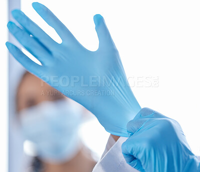 Buy stock photo Person, doctor and hand with gloves for ppe protection as hospital worker for surgery, bacteria or lab. Healthcare, fingers and professional hygiene for pandemic virus in clinic, sanitary or clean