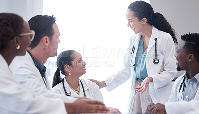Buy stock photo Happy woman, doctor and meeting with team for collaboration or consulting colleague at hospital. Female person or medical coach talking to employees for healthcare, discussion or boardroom at clinic