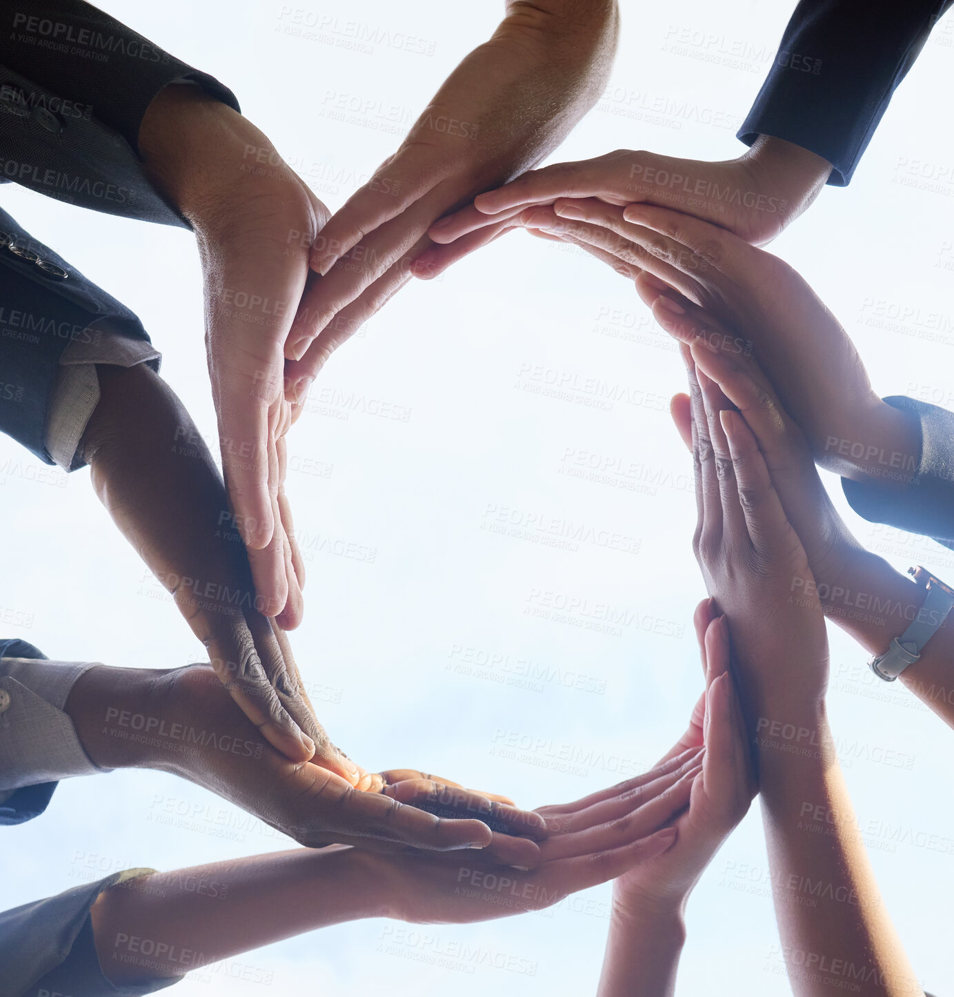 Buy stock photo Business people, circle and hands with teamwork, sky and planning with cooperation, synergy and solidarity. Closeup, group and employees with support, collaboration and community with trust and unity
