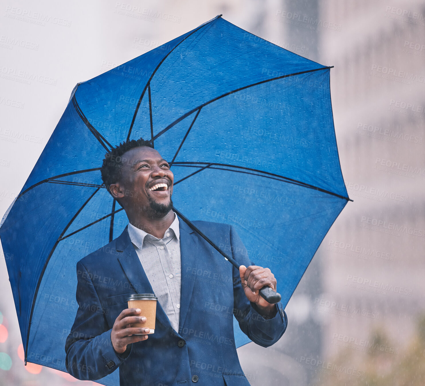 Buy stock photo Business, umbrella and black man with coffee, smile and happiness with rain, cold and weather in city. African person, employee and entrepreneur with morning tea, outdoor and wind with professional