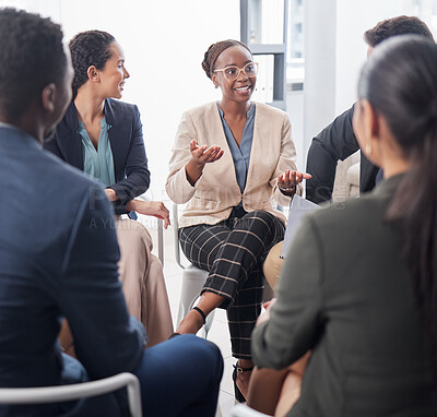 Buy stock photo Business, meeting and black woman in discussion circle for team building, planning and collaboration in office. Happy group, employees and huddle for conversation, workshop and feedback for training 