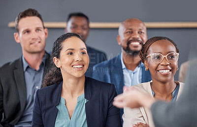 Buy stock photo Conference, audience and happy business people listening to presentation in workshop, tradeshow and meeting. Crowd, group and team at convention, seminar and lecture for training, feedback and speech