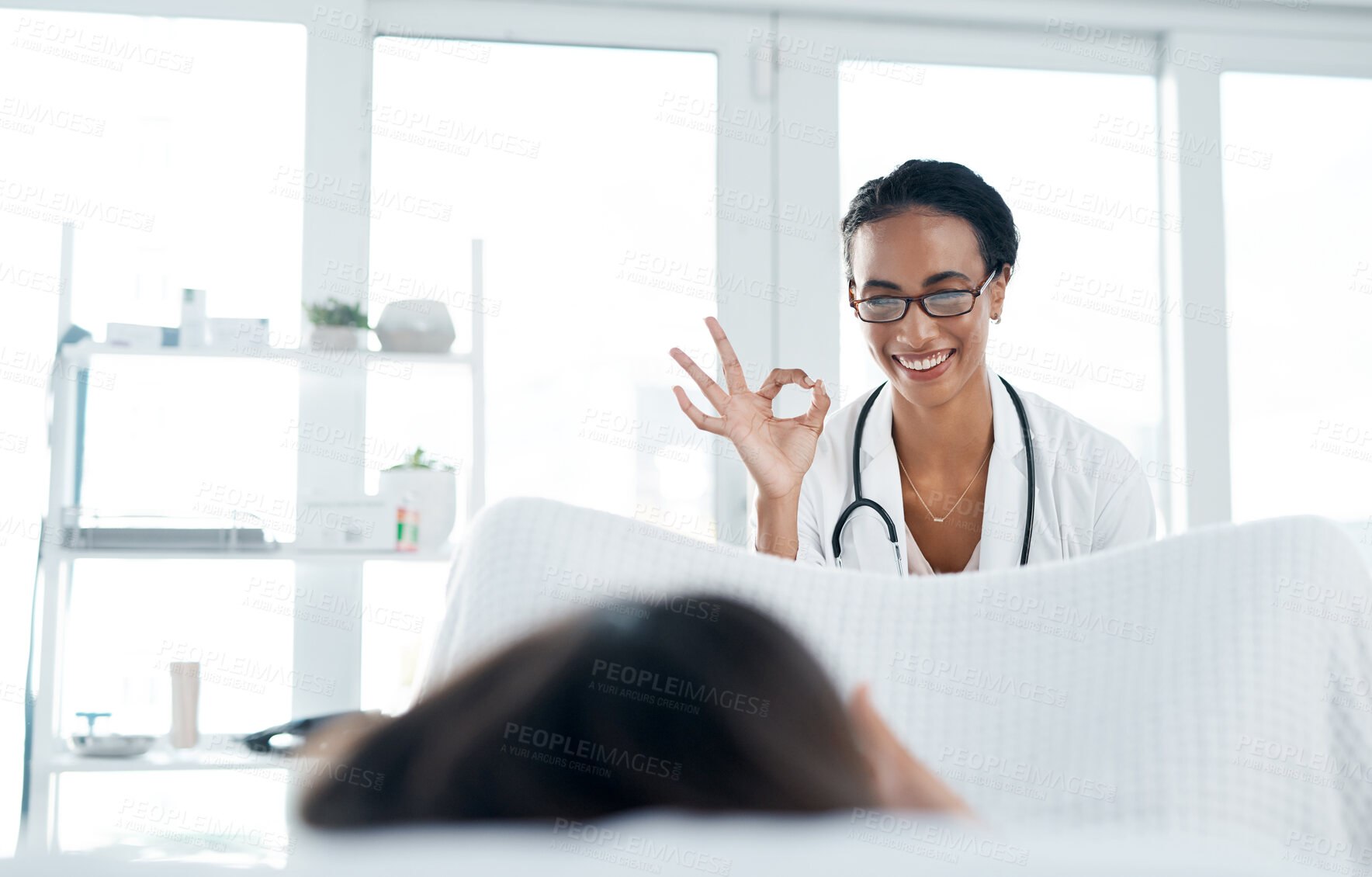 Buy stock photo Gynecologist, patient and consulting in hospital for healthcare, surgery and health with ok sign.  Doctor, woman and results for vagina, uterus and pelvic exam with pap smear, birth control or cervix