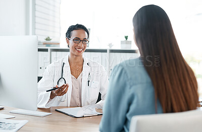 Buy stock photo Hospital, discussion and doctor with patient for consulting, medical service and diagnosis in clinic. Healthcare, wellness and person with woman with file for checklist, results and health insurance