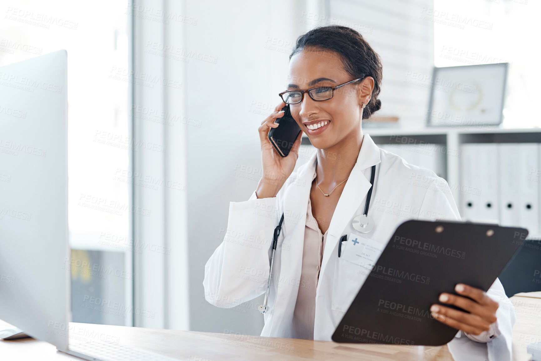 Buy stock photo Woman, doctor and phone call with computer in clinic for medical results, appointment schedule or virtual advice. Medicine, clipboard or telehealth with online consultation, checkup and happy to help