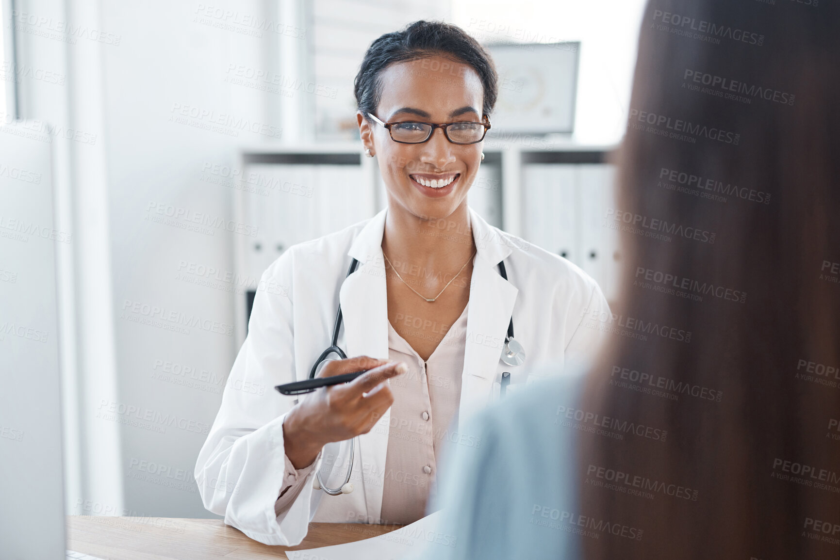 Buy stock photo Hospital, talking and doctor with patient for consulting, medical service and diagnosis in clinic. Healthcare, wellness and person with woman with paperwork for prescription, results and insurance