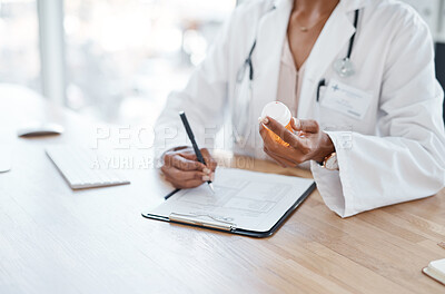 Buy stock photo Hands, prescription and pills in hospital for healthcare, wellness and health in clinic. Medicine, medication and woman physician with drug, product and document for dispensary treatment or research