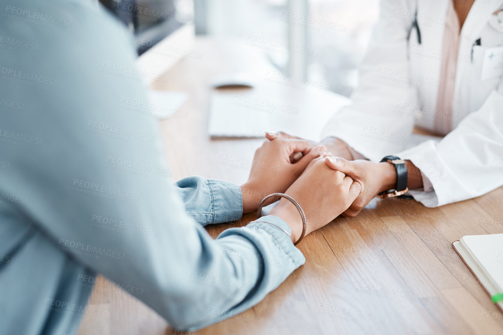 Buy stock photo Holding hands, bad news and doctor with patient for support, medical service or diagnosis in hospital. Empathy, consulting or nurse with woman with sympathy for gynaecology results or healthcare help