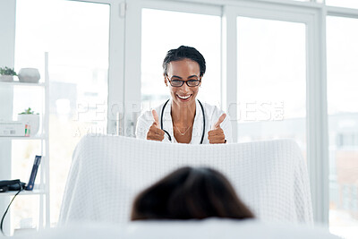 Buy stock photo Thumbs up, healthcare and gynecologist for consultation, diagnosis and prescription in office or hospital. Female people, patient and medical exam for symptoms, support or wellness clinic with doctor