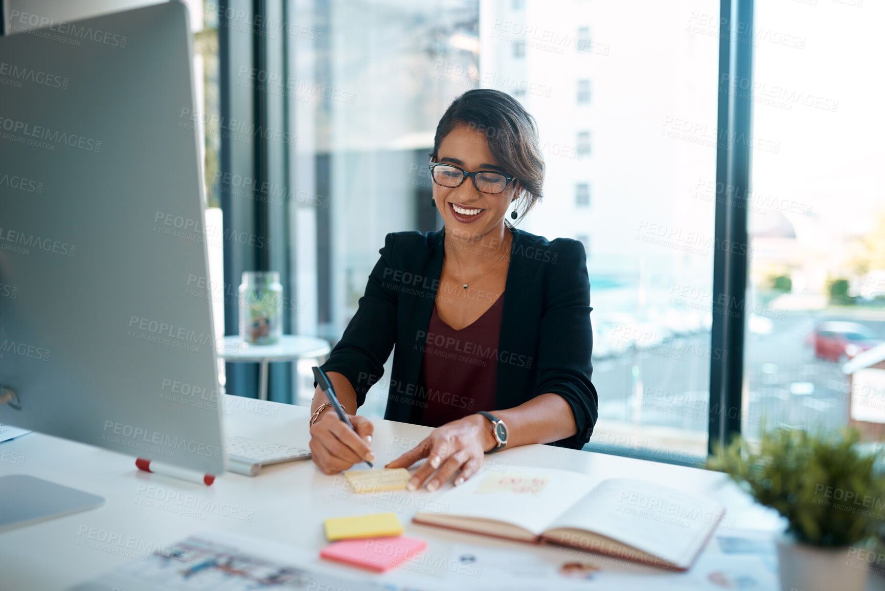 Buy stock photo Business woman, computer and happy in office for work, schedule and planning with notebook. Project manager, technology and smile in workplace for kpi, administration and company goals with research