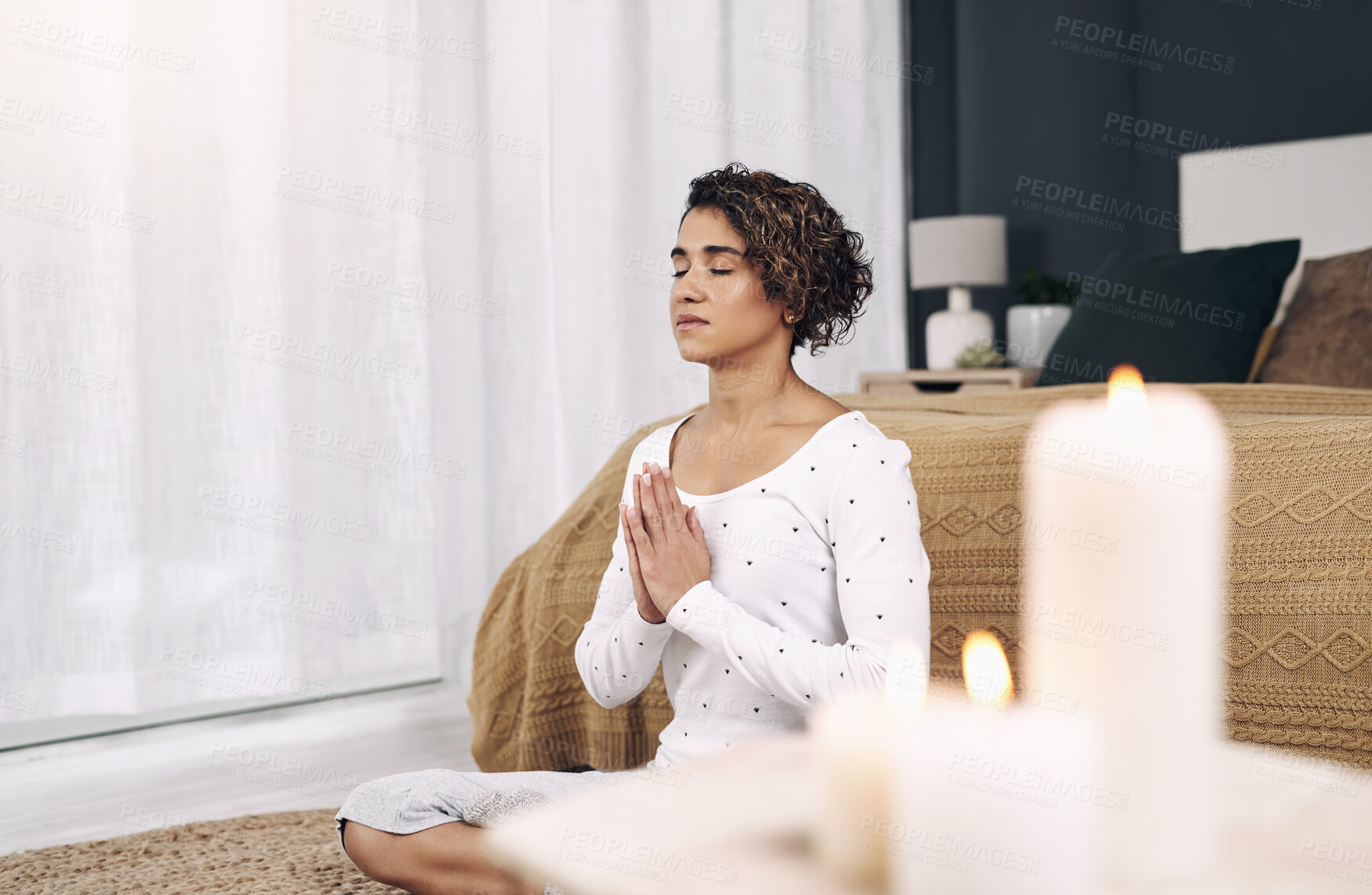 Buy stock photo Woman, meditation and relax on floor in house for yoga, spiritual health and mindfulness with breathing. Girl, zen and praying in home for peace, wellness and hope with holistic exercise or balance