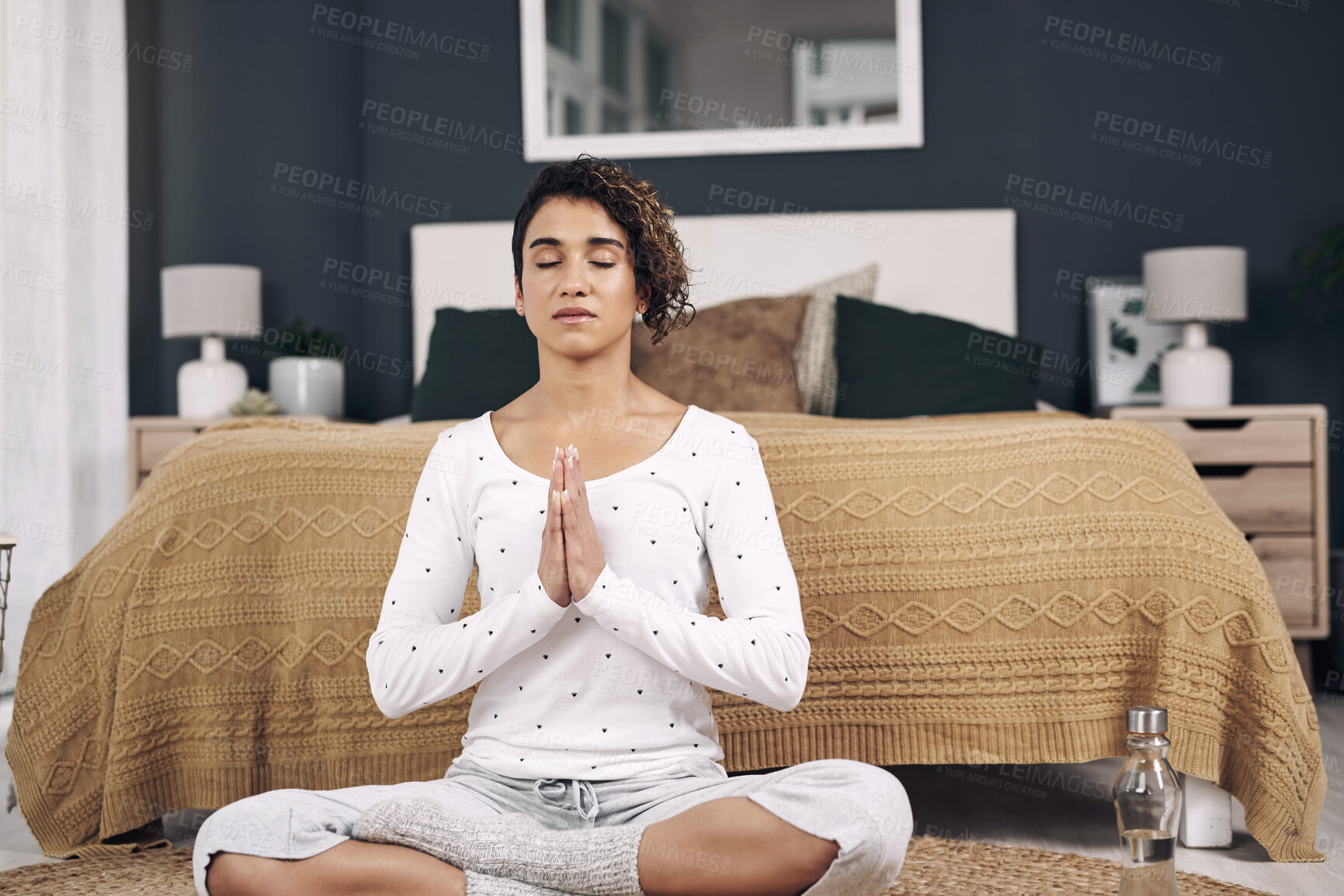 Buy stock photo Woman, meditation and relax on floor in house for yoga, spiritual health and mindfulness with breathing. Girl, zen and praying in home for peace, hope and wellness with holistic exercise or balance