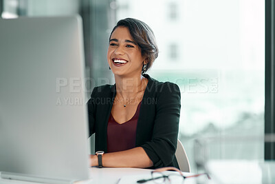 Buy stock photo Happy, corporate woman and computer with vision, ambition and confidence as secretary in office. Smile, female person and technology for email communication, networking and planning company calendar