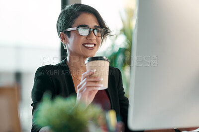 Buy stock photo Business woman, happy and computer, coffee and working in office planning, online reading and editing in her office. Inspiration, creative ideas and professional worker or person review on desktop pc