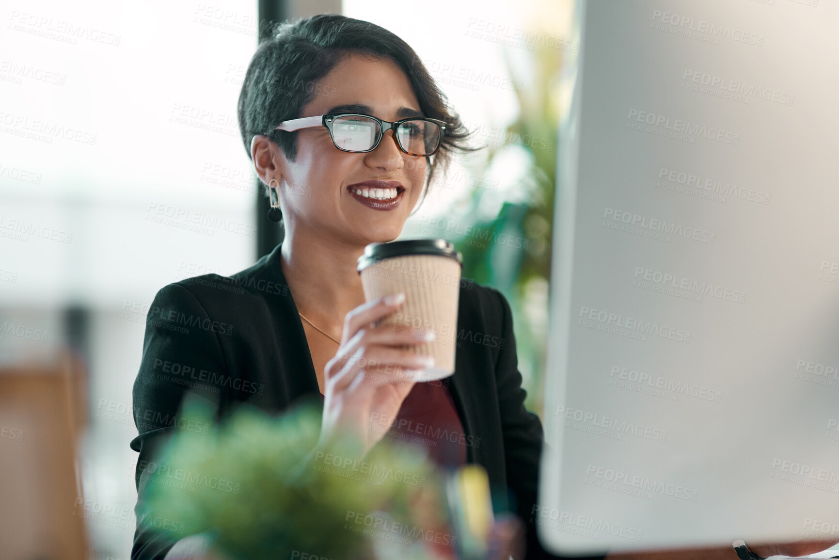 Buy stock photo Business woman, happy and computer, coffee and working in office planning, online reading and editing in her office. Inspiration, creative ideas and professional worker or person review on desktop pc