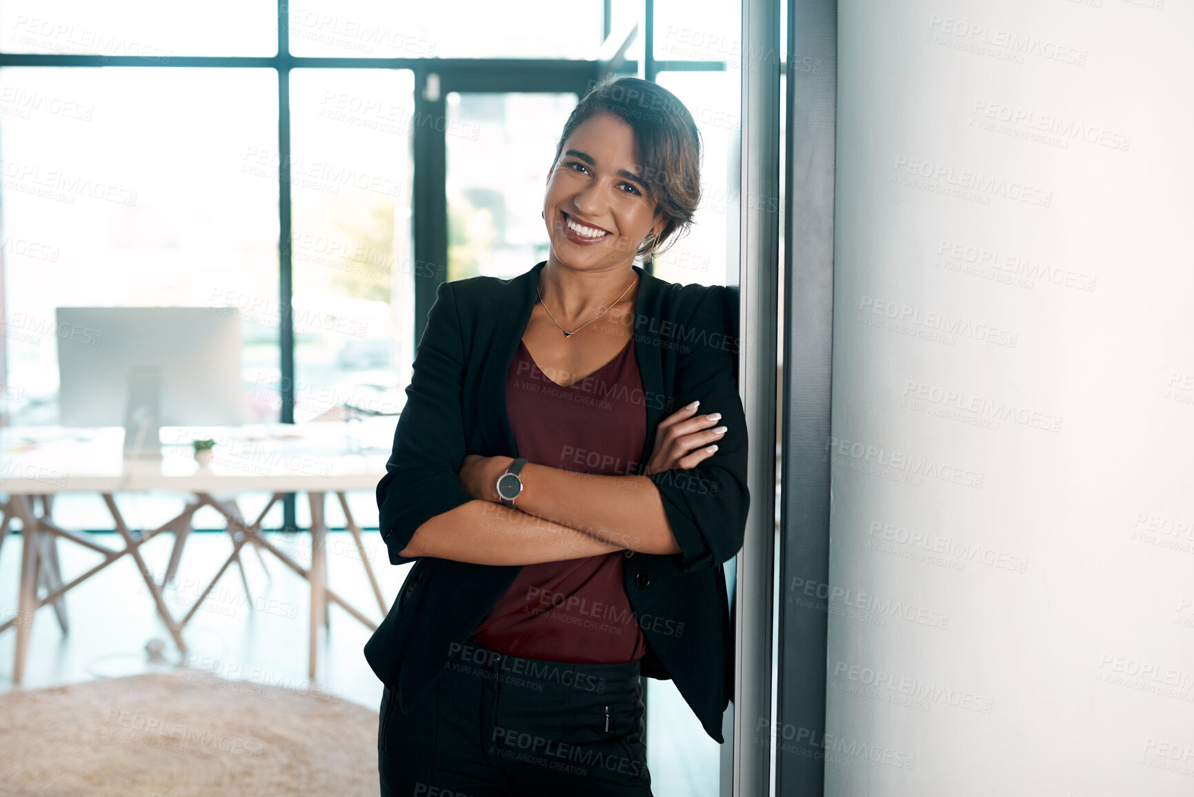 Buy stock photo Corporate, woman and arms crossed with portrait in office with happiness for career in law, advocacy and justice for people. Female advisor, confident and proud legal professional, attorney and pride