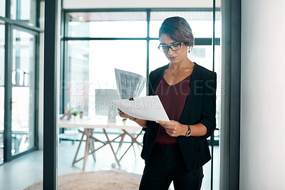 Buy stock photo Documents, reading and business woman in workplace for data analysis, statistics report and spreadsheet review or budget. Professional worker, accountant or person with paperwork, accounting or taxes
