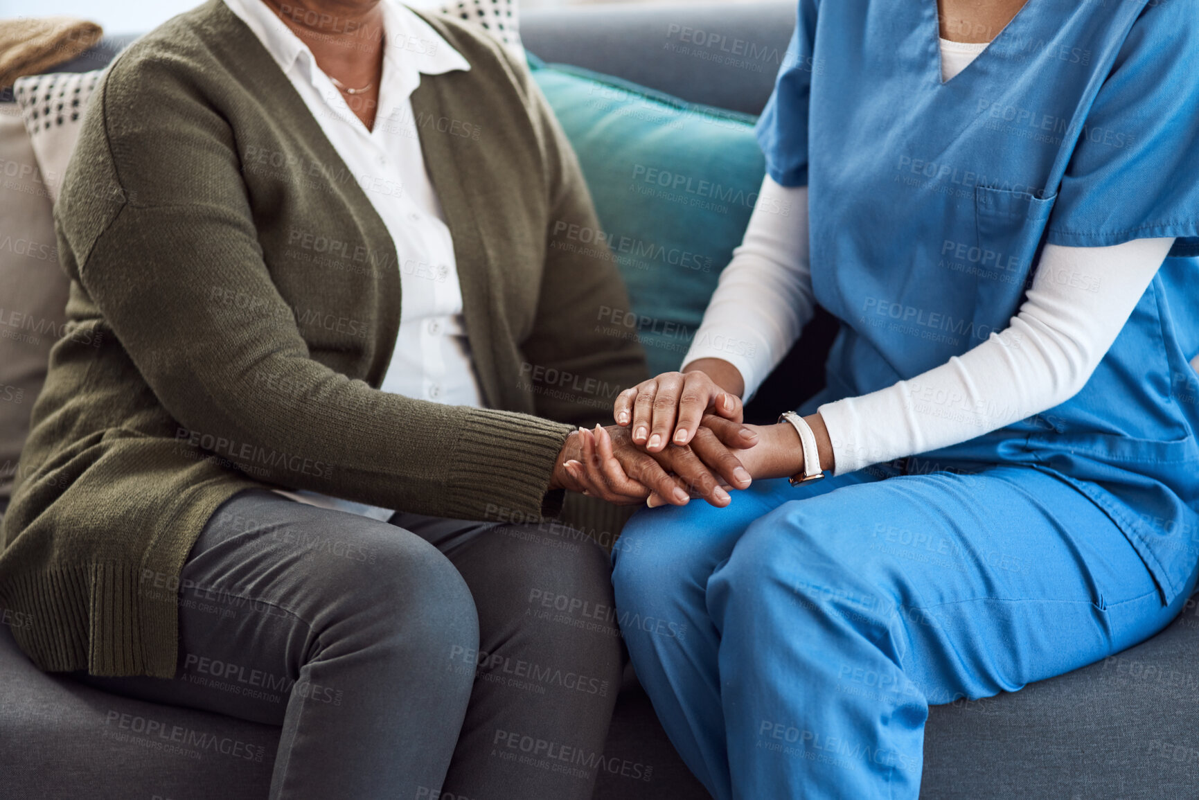 Buy stock photo Counseling, woman or nurse holding hands for support or empathy for healthcare service of cancer therapy. Closeup, psychology help or sick patient in consulting with a caregiver in consultation 
