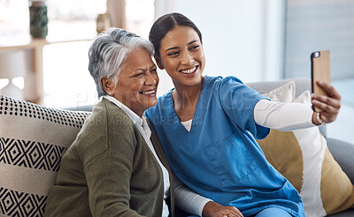 Buy stock photo Nurse, selfie or happy old woman in nursing home with smile or happiness for profile pictures or retirement. Women, photography or caregiver relaxing or smiling with elderly patient for social media