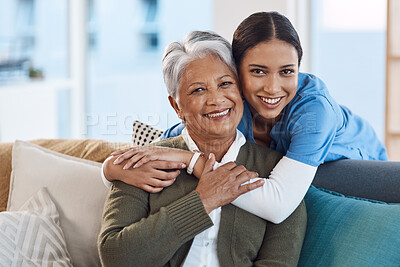 Buy stock photo Smile, portrait and nurse hugging old woman in retirement house, bonding and medical care. Face, hug and elderly person with caregiver in nursing home on living room sofa for health, support or help.