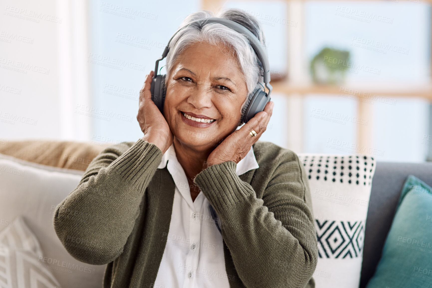 Buy stock photo Portrait, house and old woman with headphones, streaming music or retirement with audio or listening to radio. Face, senior person or relax with pensioner or headset with podcast, smile or sound