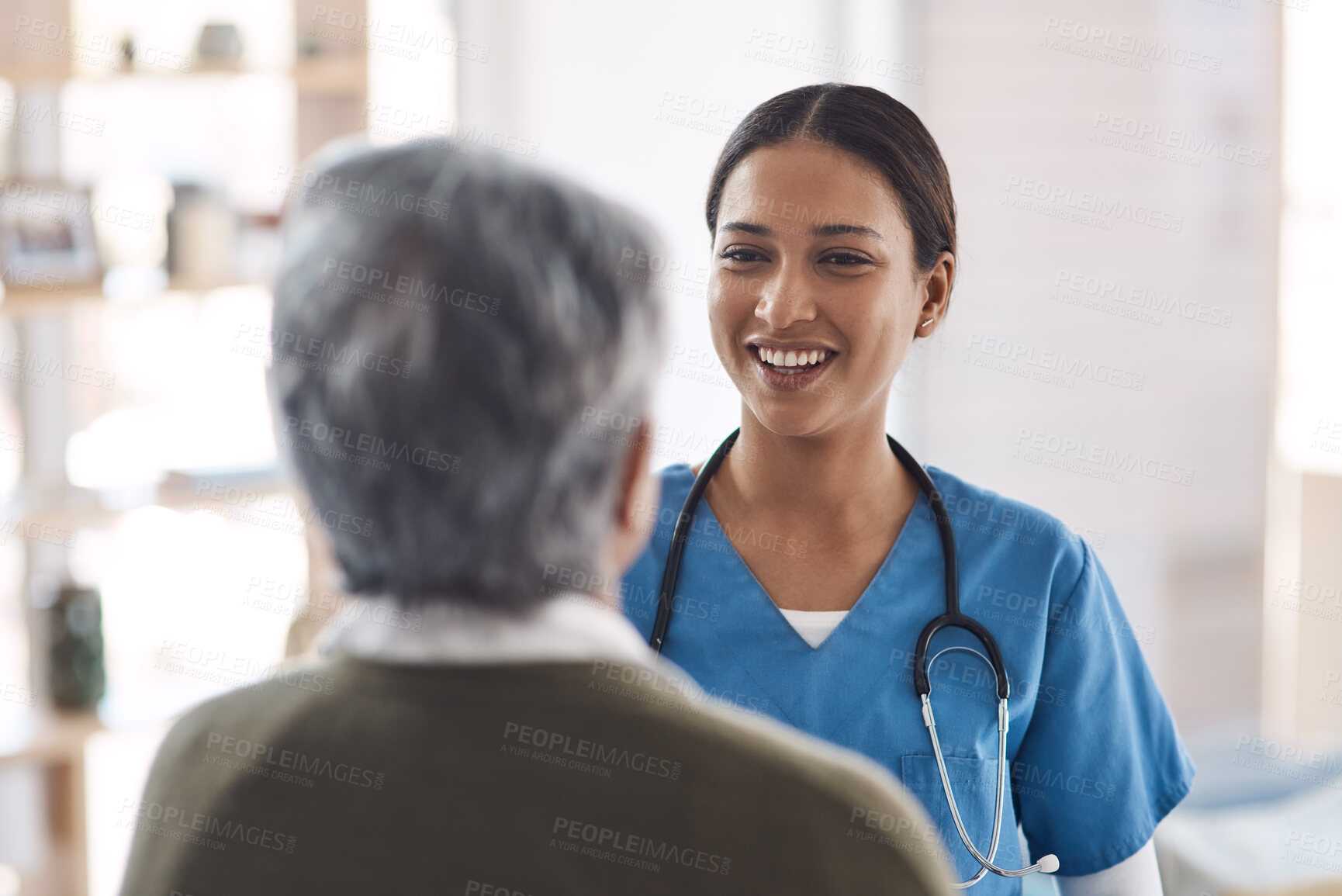 Buy stock photo Healthcare, smile and a nurse talking to an old woman about treatment in a nursing home facility. Medical, happy and a female medicine professional chatting to a senior resident during a visit
