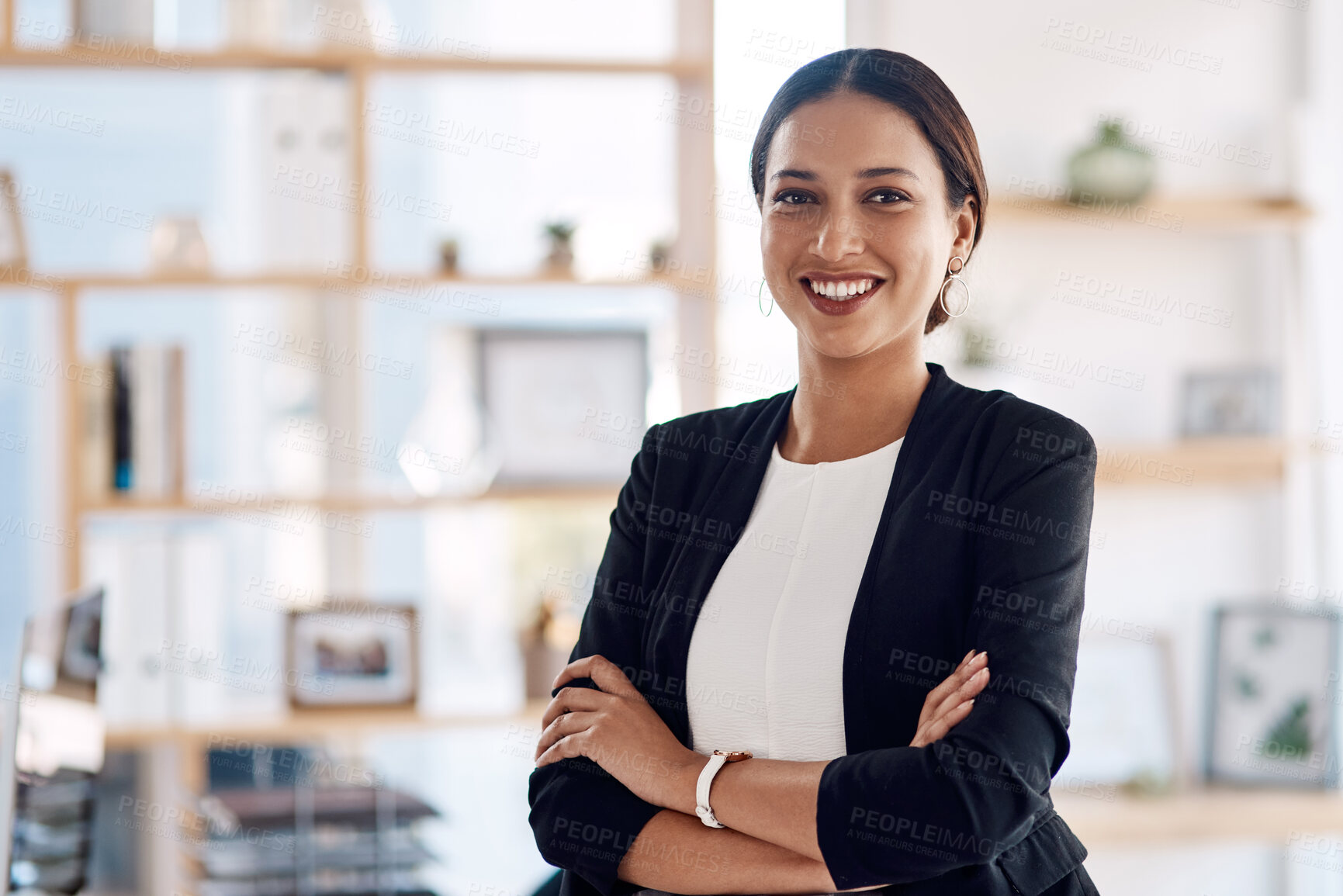 Buy stock photo Portrait, business and woman with arms crossed, professional in modern office and attorney. Face, person and employee with pride for career or affirmative action with lawyer or opportunity with smile