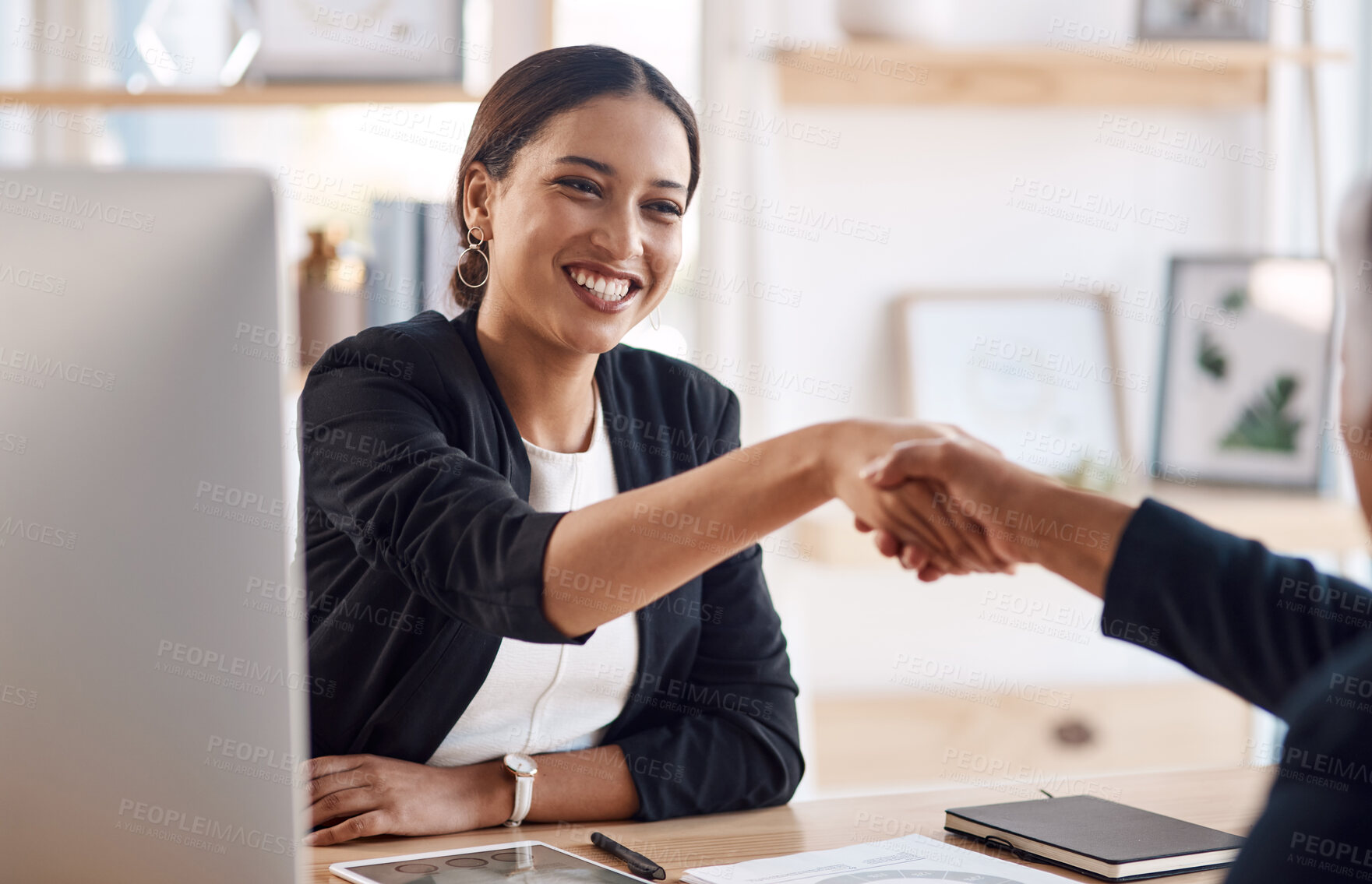Buy stock photo Onboarding, recruitment or business woman with a handshake in job interview for negotiations. Partnership, b2b collaboration or happy hr manager shaking hands in contract agreement in office meeting
