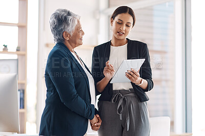 Buy stock photo Mentor, teamwork and business women with tablet for talking, cooperation and planning. Technology, collaboration and happy senior manager with female intern for strategy, office training or coaching.
