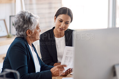 Buy stock photo Mentor, coaching or business women with documents talking, speaking or planning project in office. Paperwork, teamwork collaboration or senior manager reading with intern for administration training 