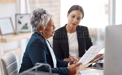 Buy stock photo Mentoring, teaching or business women with documents talking, speaking or planning project in office. Paperwork, teamwork collaboration or senior manager reading with intern worker for admin coaching