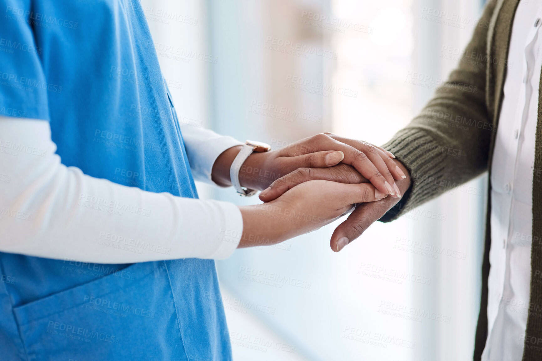 Buy stock photo Support, holding hands and nurse with elderly woman for empathy, comforting and compassion. Healthcare, retirement care and female health worker with senior patient for help, diagnosis and wellness