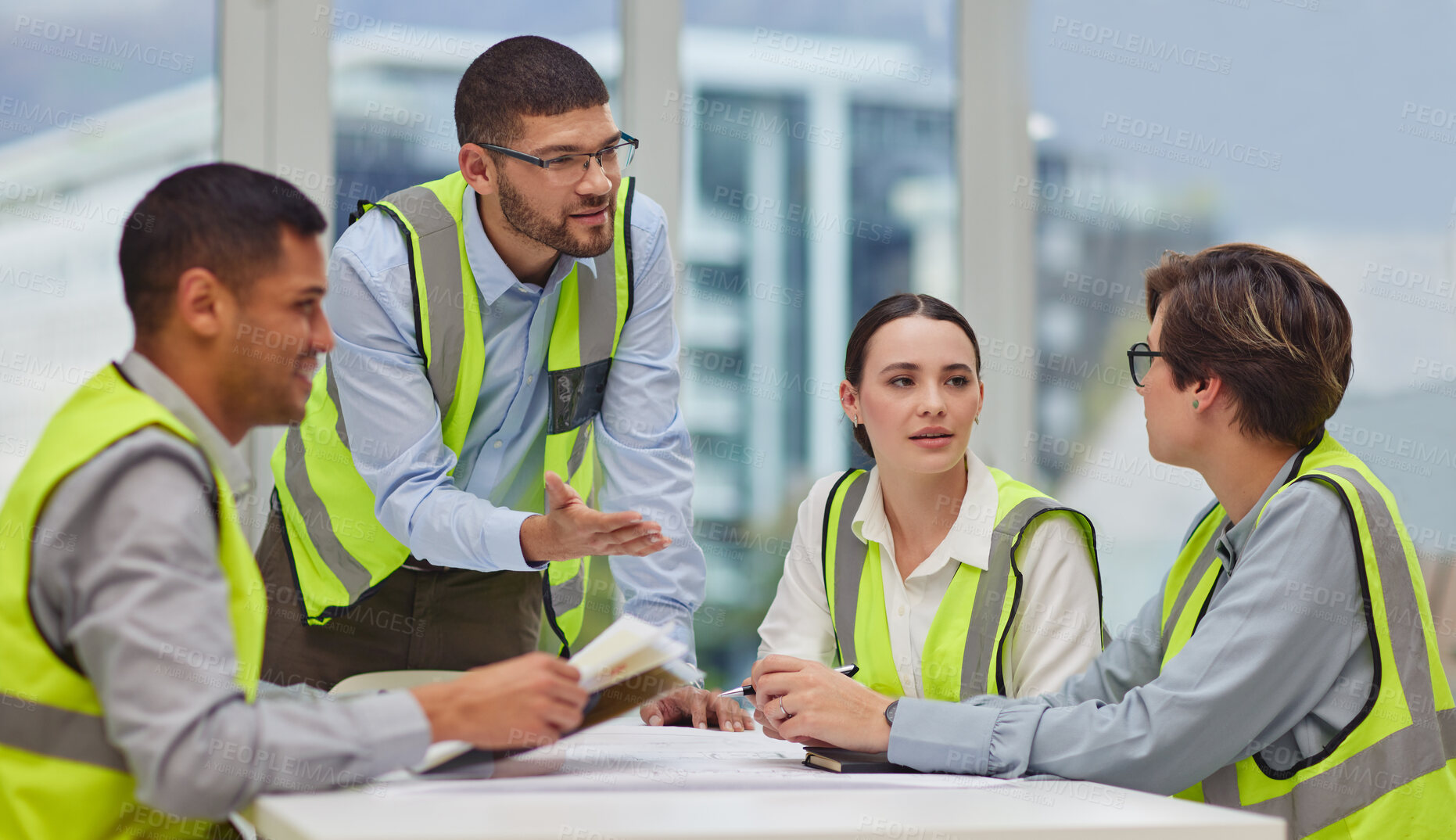 Buy stock photo Construction, project management and people meeting in office for planning, development and building. Civil engineering, strategy and contractor team at table for brainstorming ideas together. 