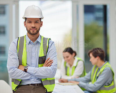 Buy stock photo Construction, confidence and portrait of man in office for planning, development and building. Civil engineering, architecture and contractor with arms crossed, project management and maintenance.