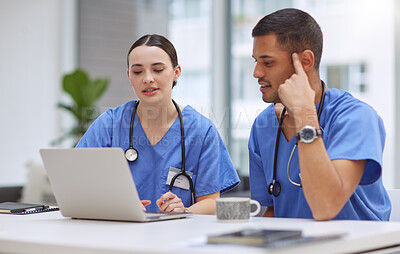 Buy stock photo Teamwork, laptop and medical with doctors in hospital boardroom for planning, research and help. Medicine, healthcare and collaboration with man and woman for strategy, internet and meeting