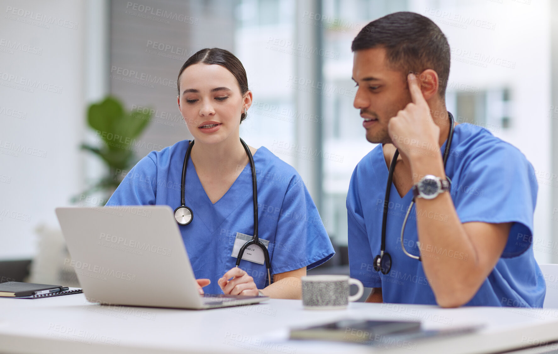 Buy stock photo Teamwork, laptop and medical with doctors in hospital boardroom for planning, research and help. Medicine, healthcare and collaboration with man and woman for strategy, internet and meeting