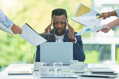 Buy stock photo Stress, business and black man on laptop multitasking with documents, paperwork and team projects. Corporate boss, burnout and person with headache, chaos and frustrated in office for collaboration