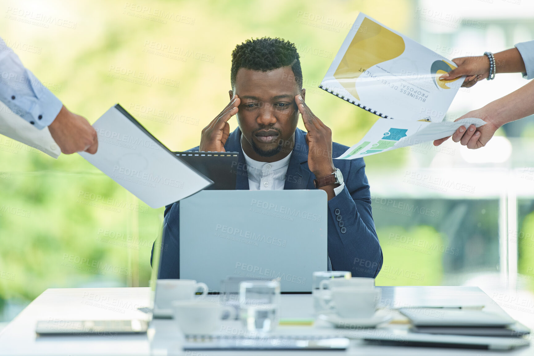 Buy stock photo Stress, business and black man on laptop multitasking with documents, paperwork and team projects. Corporate boss, burnout and person with headache, chaos and frustrated in office for collaboration
