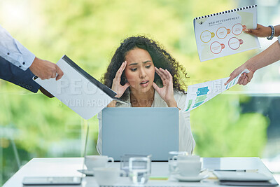 Buy stock photo Stress, chaos and business woman on laptop multitasking with documents, paperwork and team project. Corporate boss, burnout and person with headache, anxiety or frustrated in office for collaboration