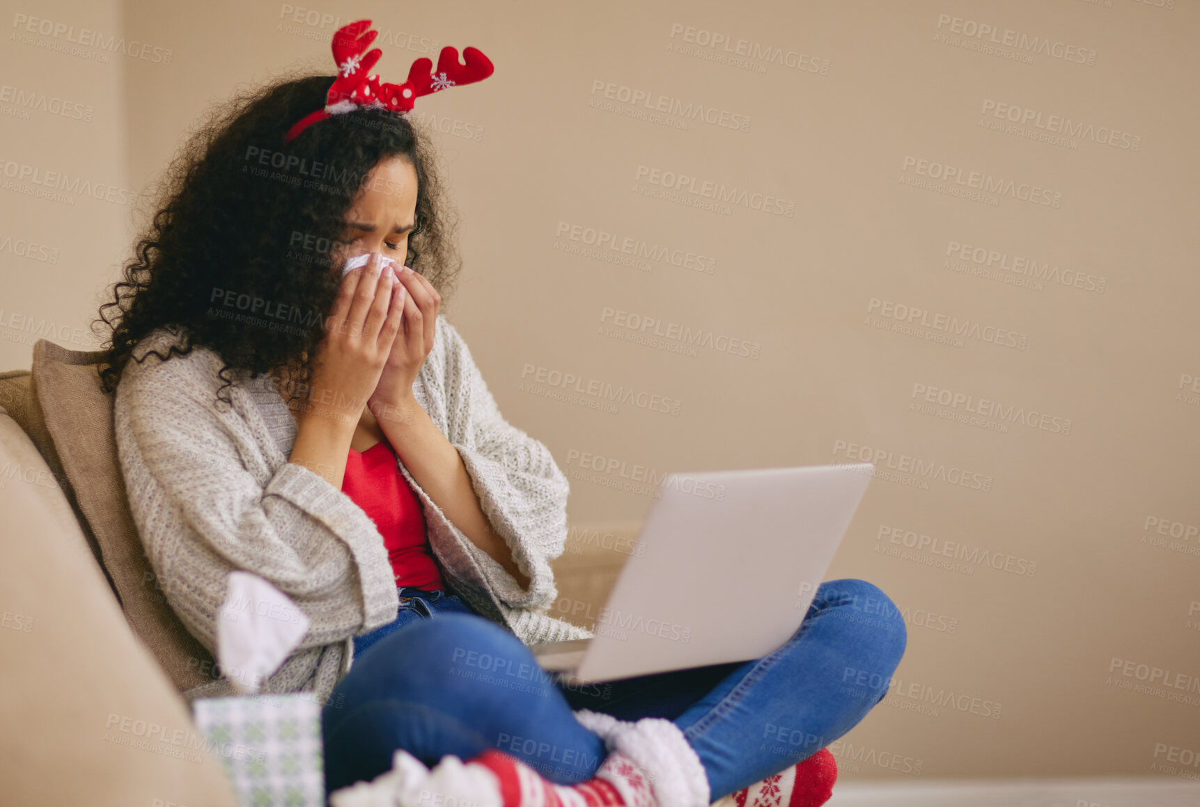 Buy stock photo Christmas, sad and woman with laptop in home for watching videos, entertainment and streaming movie. Crying, depression and person on computer for film on holiday, vacation and festive tradition