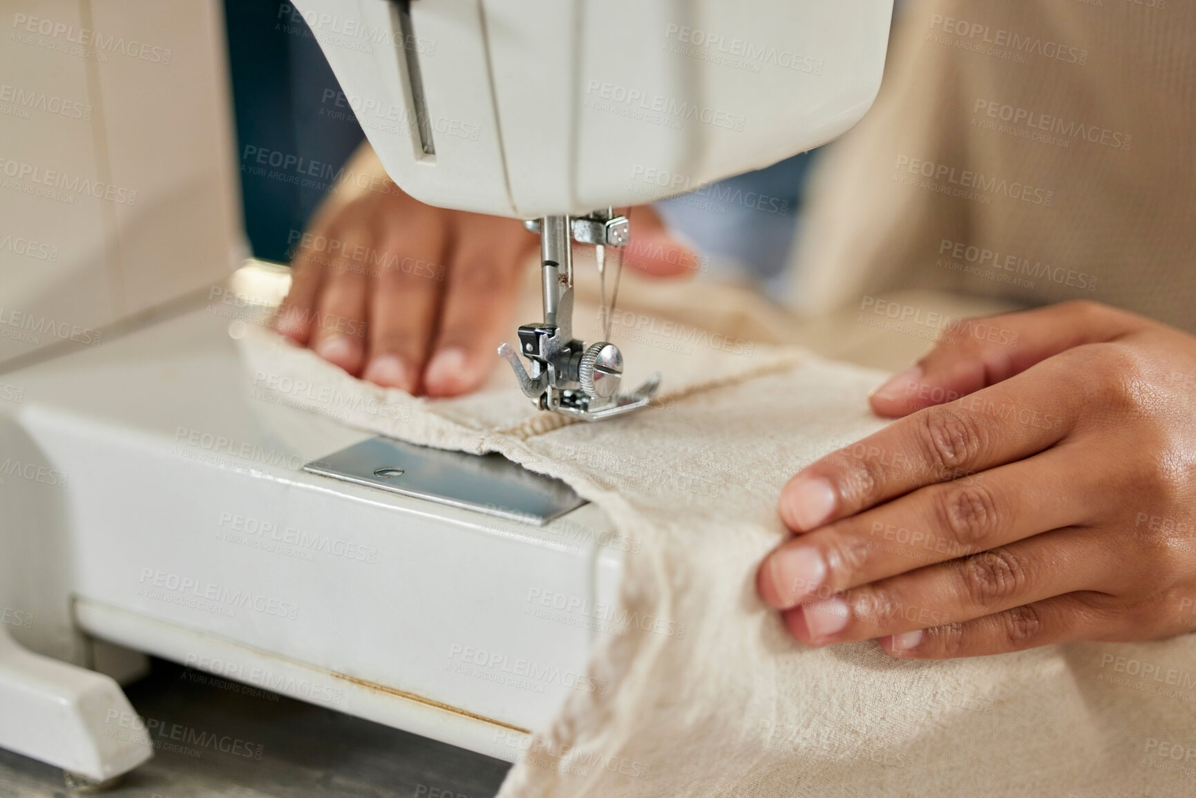 Buy stock photo Professional, hands and machine for sewing fabric for stitching, fixing tear and creativity by zoom. Workshop, dressmaker and person or tailor as fashion designer with equipment, skills and handmade