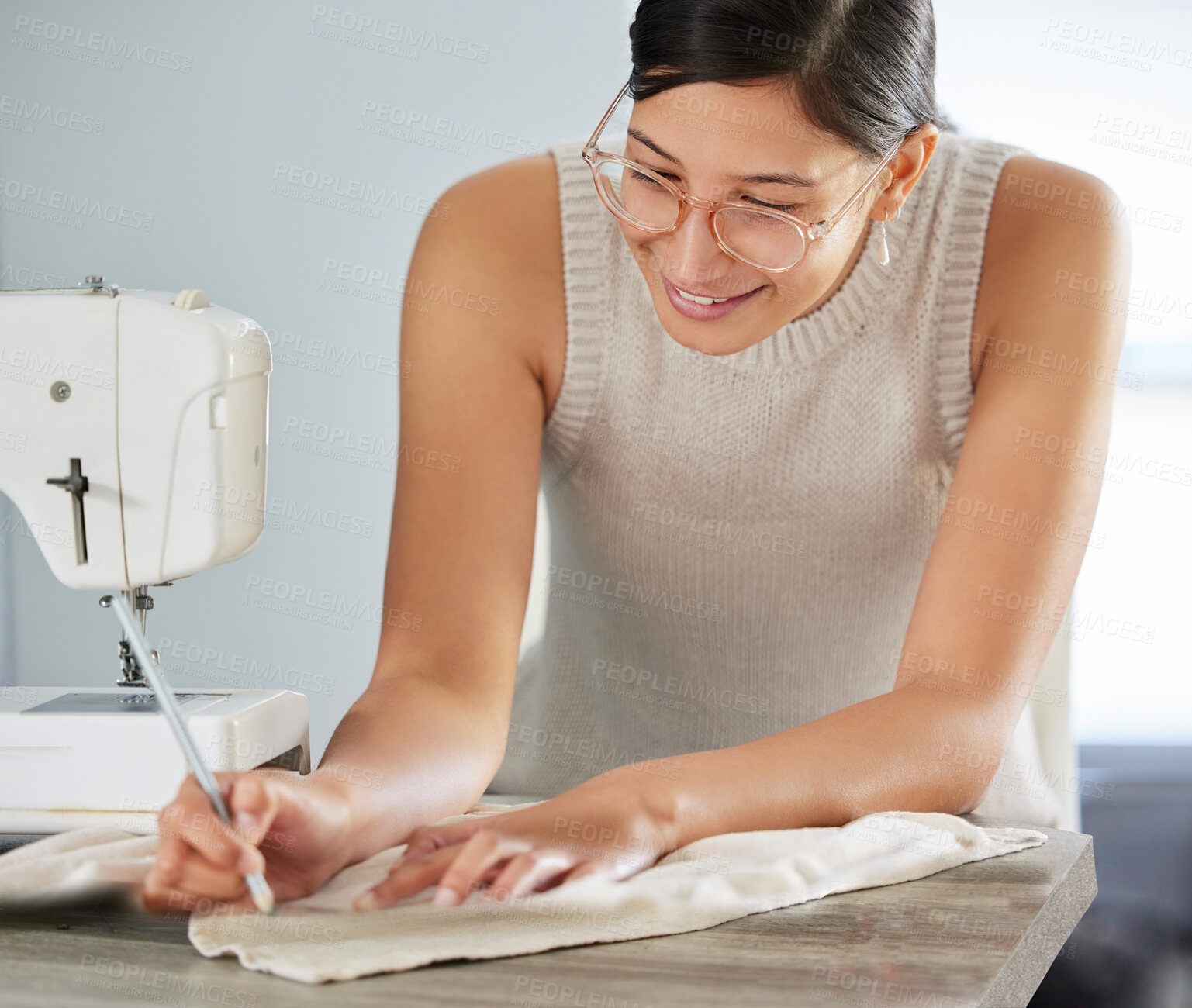 Buy stock photo Happy, woman and designer with measure in workshop, fabric and manufacturing clothes, tailor or artist with machine for design. Smile, person and creative, process or ideas by sewing for production