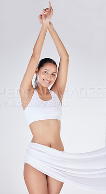 Buy stock photo Girl, portrait and underwear in studio for body care, wellness and sheet on white background. Female person, skincare and smooth fabric for soft skin, stretching and clean lingerie for dermatology